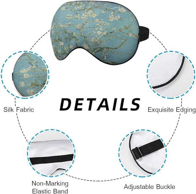 Almond Blossom Sleep Eye Mask Green Flower Van Gogh Painting Silk Eye Mask Sleeping Soft Eye Shade Cover for Men Women Boy Girl Airplane Travel with Elastic Strap