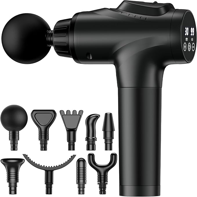 Massage Gun, Muscle Massage Gun for Athletes Handheld Electric Deep Tissue Back Massager, Percussion Massage Device for Pain Relief with 30 Speed Levels 9 Heads Black