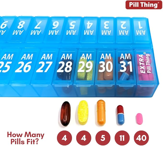 Twice-a-Day Monthly Pill Box Planner Set - AM & PM Medication Organizer for 31 Days! Set Contains 2 Organizers for One Month. (Clear/Blue - 31 Day AM/PM)
