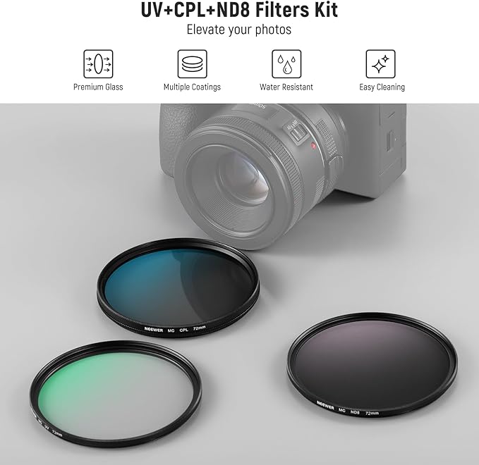 NEEWER 72mm UV/CPL/ND Lens Filter Kit, UV Protection + Circular Polarizing + Neutral Density (ND8) Camera Lens Filter Set with Multicoated Optical Glass, Slim Frame & Upgraded Foldable Storage Case