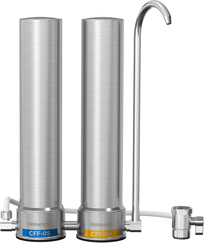 [Silver ions] Waterdrop Dual-Stage Countertop Water Filter System, Reduce Chlorine, PFOA/PFOS, Bad Taste & Odor, Silver Ions Enhanced Filtration, Stainless Steel, WD-CTF-09(2 Filters)