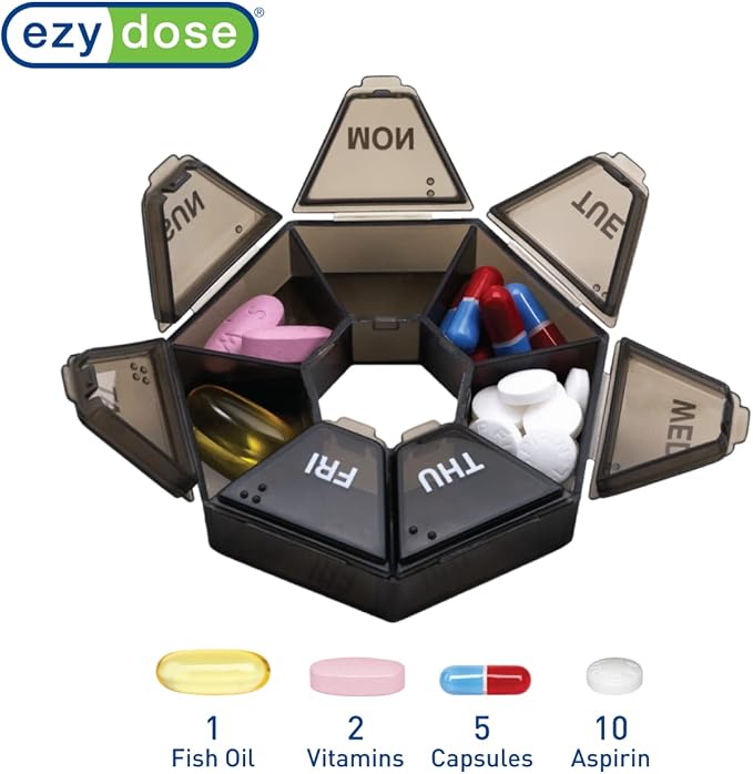 EZY DOSE 7-Day Weekly Pill Organizer, Daily Medicine Container and Vitamin Planner, Round Supplement Case, Compact, Travel Friendly, Portable Storage Sorter, 7-Sided Circle, Black, BPA Free