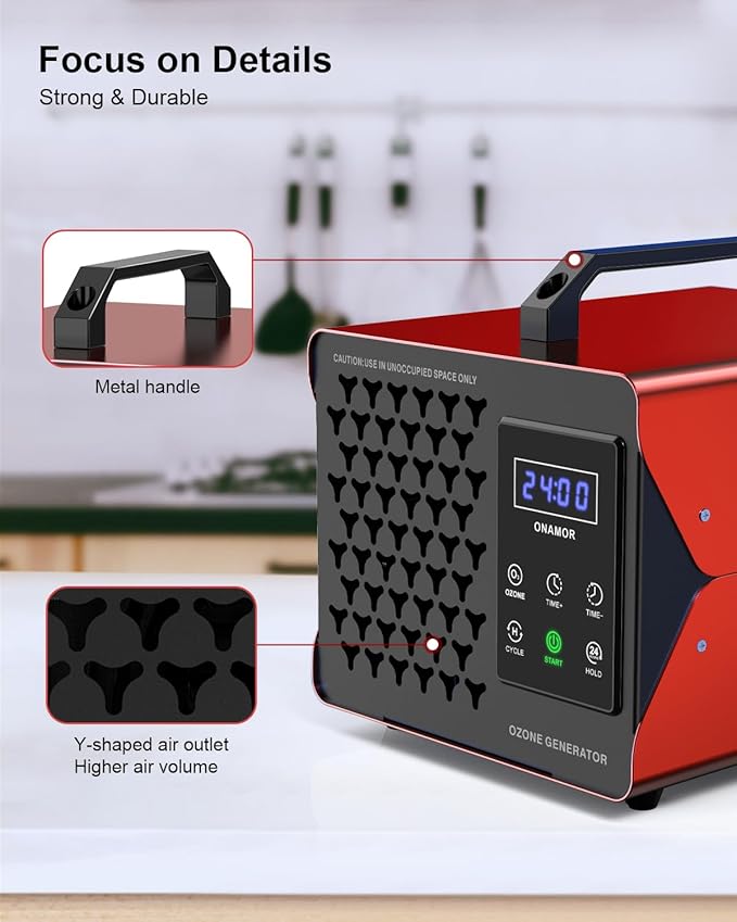 ONAMOR Digital Ozone Generator Odor Eliminator 180,000mg, High Capacity Ozone Machine Odor Removal Up to 8,000 Sq.Ft, Ozone Odor Eliminator, Ionizer Ozonator for Home, Car, Smoke, Pet Room (Red)