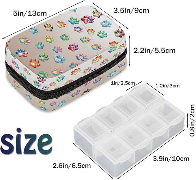 Weekly Travel Pill Organizer Case for Purse with Removable 7 Day Box Portable Compact Size Pill Box Fashionable Pill Container for Medicine Vitamin Supplement Cute Paw Skin