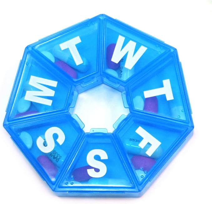 Weekly 7-Sided Pill Planner with Medical Alert Wallet Card, Great for Travel - (Blue)