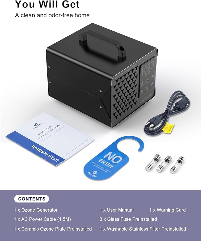 ONAMOR Digital Ozone Generator Odor Eliminator 180,000mg, High Capacity Ozone Machine Odor Removal Up to 8,000 Sq.Ft, Ozone Odor Eliminator, Ionizer Ozonator for Home, Car, Smoke, Pet Room (Black)