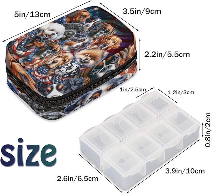 American Flag Animal Dog Travel Pill Organizer Box Weekly Portable Pill Case Daily Pills 7 Day Small Birth Control Pills Container Removable Compartments for Medicine Vitamins Fish Oil