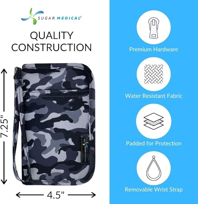 Sugar Medical Diabetes Supply Case | Medical Supplies Travel Bag | Glucose Meter Organizer | Diabetic Care Products | Glucometer Kit (Grey Camo)