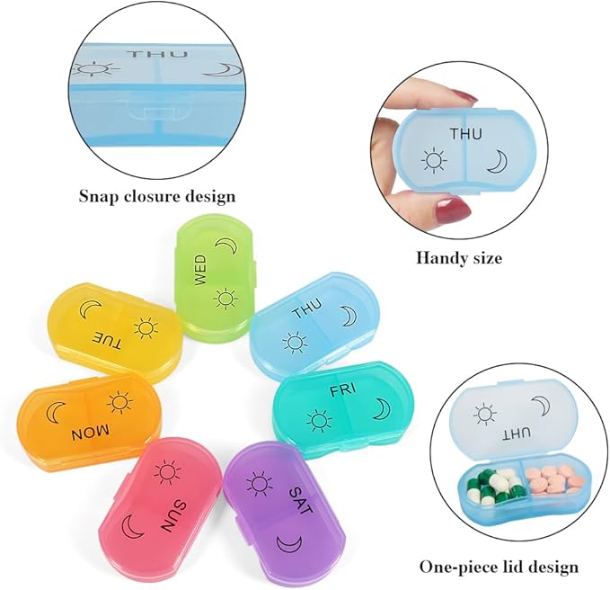 HRX Package Little Daily Pill Box Case AM PM for 7 Day, Small Pocket Purse Pills Holder, Cute Drug Organizer Container 2 Times a Day