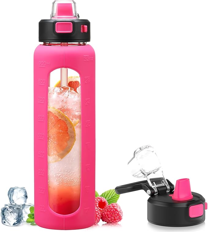 Kodrine 32 oz Glass Water Bottle with Straw and Carry Loop, One-Touch Leakproof Locking Lid, Reusable Drinking Bottle with Time Marker for Travel Home Gym Sports (Rose Red)
