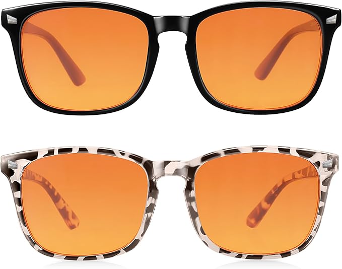 2 Packs Professional Sleep Glasses with 98.7% Blue Light Blocking Dual AR Coatings Amber Lens, Computer Gaming Glasses for Men Women, Anti Fatigue & Eye Strain
