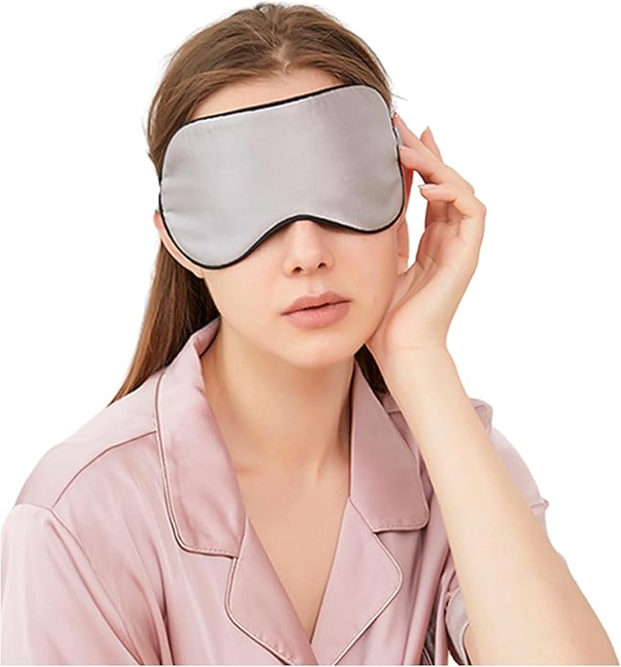 100% Mulberry Silk Sleep Mask for Women/Men Airplane Travel, Pure 22 Momme Silk Eye Mask Blackout for Sleeping, Ajustable, Luxury, Anti Wrinkle, Anti Aging Silk Blindfold, Made in USA (Silver Gray)