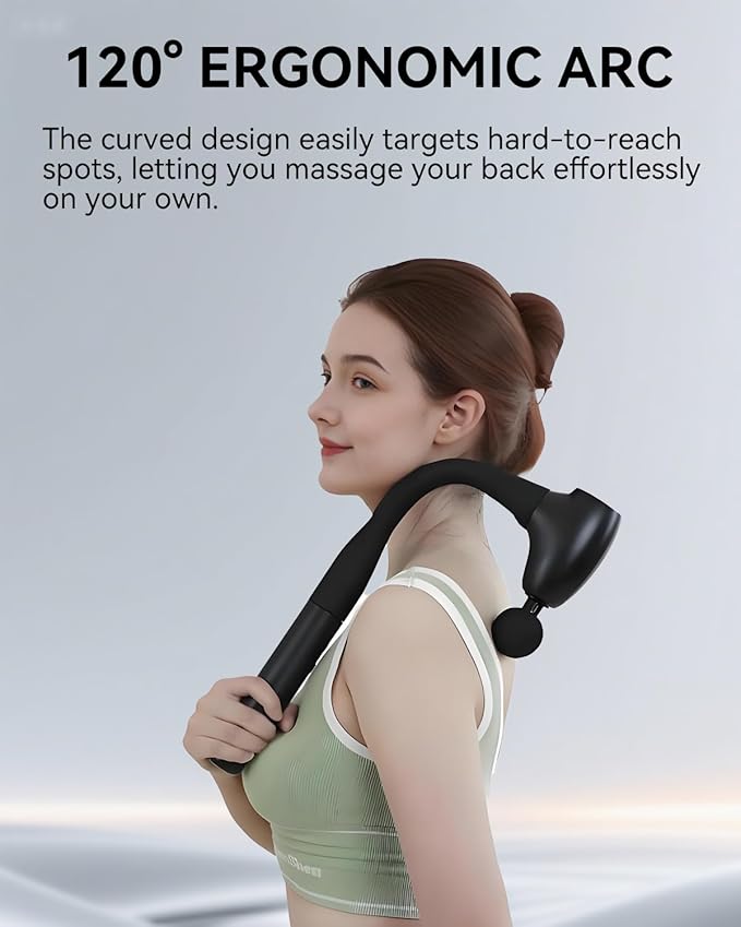 Massage Gun with Extended Handle, Upgraded U-Shaped Back Massager, Reaches Hard-to-Access Muscles, 4 Massage Heads & 4 Speed Levels, Body Massager for Back, Waist, Neck, Shoulder, Leg, Black
