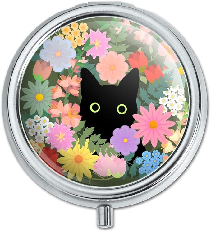 Graphics & More Black Cat Hiding in Spring Flowers Pill Case Trinket Gift Box