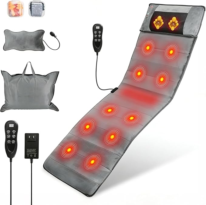 Full Body Massage Mat with Heat, Full Body Vibrating Heating Pad with Movable Shiatsu Neck Massage Pillow, 10 Vibrating Motors & 3 Heating Pads, Back Massager for Pain Relief