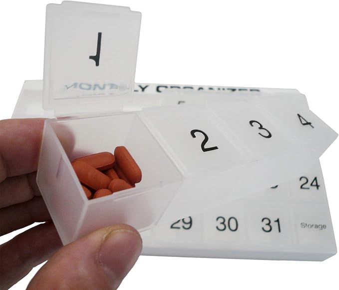 31 compartments, 1 per Day, 4 Week Monthly Pill Organizer by Promed. Includes Tray and 8 Removable compartments. (Green)