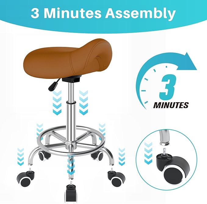 YEEZEE Saddle Stool Ergonomic- Comfortable Rolling Saddle Stool with Wide Thick Saddle Seat Padding, Swivel Adjustable Saddle Chair with Wheels and Ring Pedal for Medical Massage Salon (Brown)