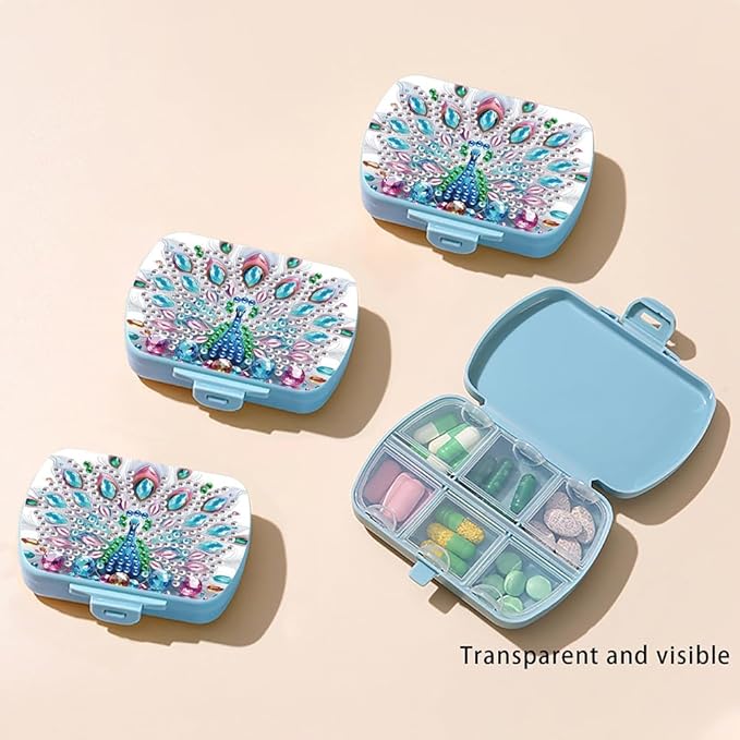 C'eitura DIY Peacock Diamond Art Painting Blue Pill Organizer with 6 Lid Detachable Compartments, Fun DIY Craft Project for Adults, Elegant Pill Case for Purse & Travel