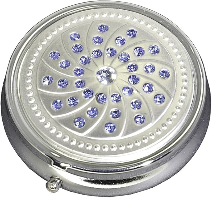 Blue Gemstones Silver Pill Box – Round 3-Compartment Metal Pill Organizer, Compact 2-Inch Travel Pill Case for Purse or Pocket