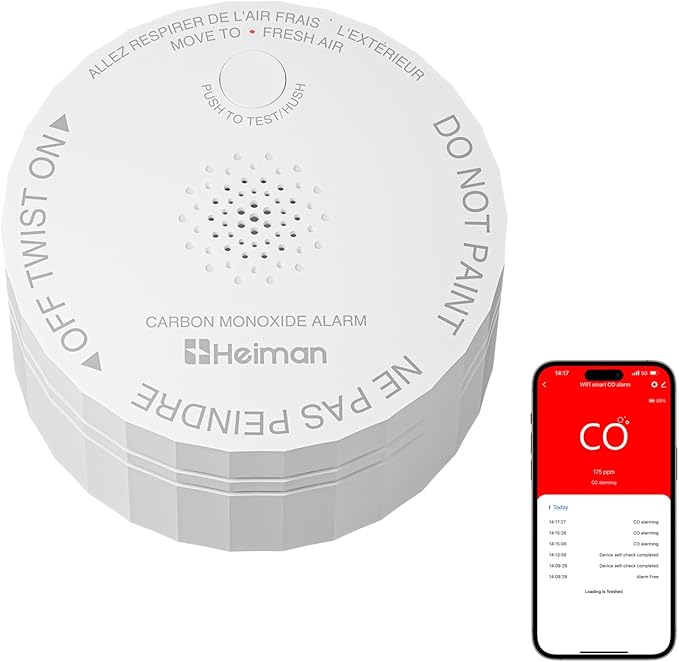 HEIMAN Smart Carbon Monoxide Detector, Wi-Fi Nano CO Alarm, ETL Listed Real-Time Push Notifications Battery Powered, Test-Reset Button, 2034 Standards, 10-Year Figaro Sensor, Portable for Trave