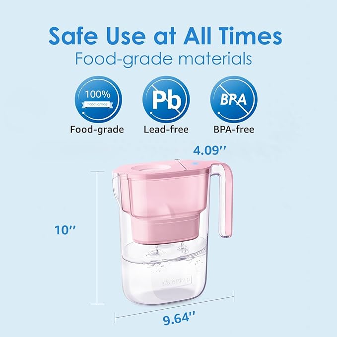 Waterdrop Water Filter Pitcher with 4 Filters, 5X Times Lifetime, Lasts 800 Gallon, for Fridge and Kitchen, Reduces PFOA/PFOS, Chlorine, 7-Cup Capacity, Elfin, Pink