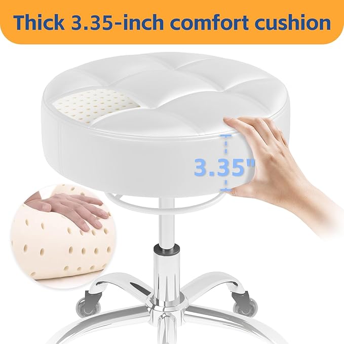 Rolling Stool Heavy Duty 400lb: Super Soft Seat Cushion,360° Swive,Height Adjustability,No Squeaky Noises,No Tip Over,New Upgraded Stool Salon stool Chair, Tattoo Facial Massage Spa Medical (White)