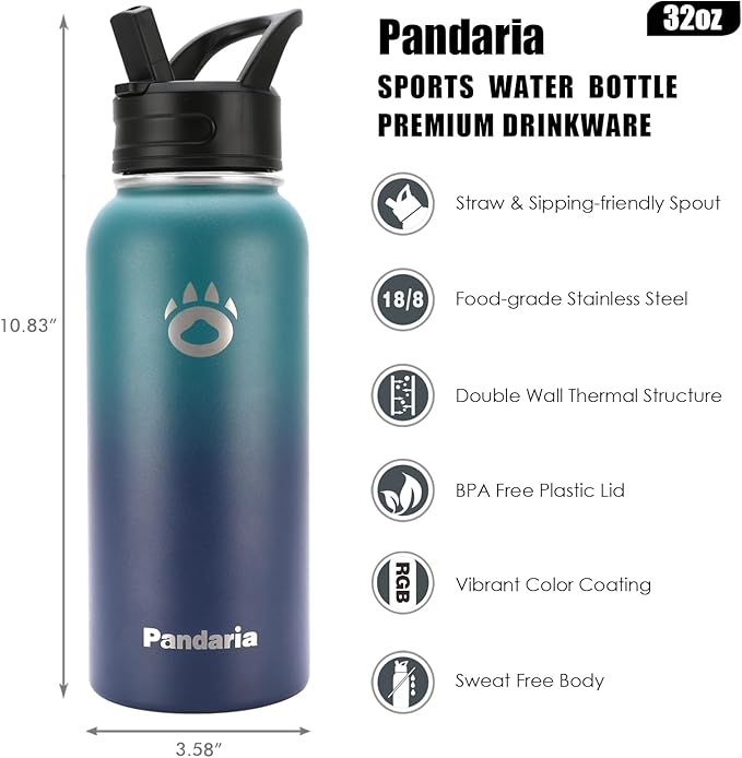 Insulated Water Bottle 32oz, Stainless Steel Water Bottle with Straw & Spout Lids & Paracord Handle | with Straw, Spout Lids, Paracord Handle