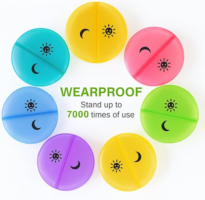 VIGOR PATH 7-Day Pill Organizer with Two Compartments Per Day, Ideal for Pills/Vitamins/Fish Oil/Supplements Storage, BPA-Free and Easy to Clean (Black - Colorful)