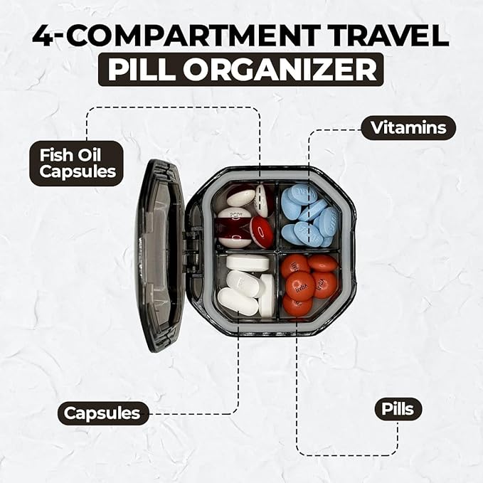 Travel Pill Organizer - Durable, Watertight Pill Case Travel Size with 4 Compartments - Compact Pill Travel Case for Vitamins, Supplements, Medicine - Travel Pill Container for Purse (Gray)