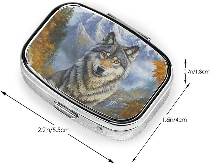 Elegant Autumn Wolf & Mountain Pill Box with Mirror 2 Compartments Square Pill Organizer for Pocket