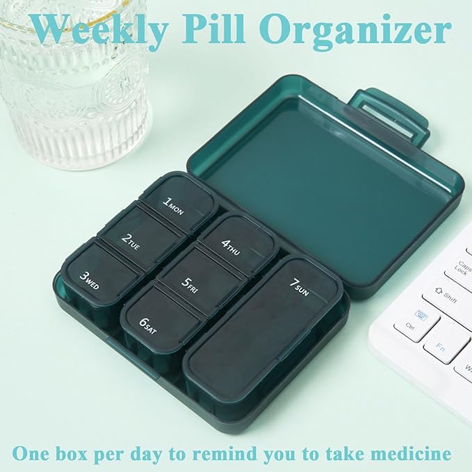 Portable Pill Organiser for Travel, 7-Day Pill Boxes with 7 Compartments 3 Separate Inner Boxes, Double Seal Dust-Proof, BPA-Free, for Vitamins, Medicines, DHA, Supplements (Blue)