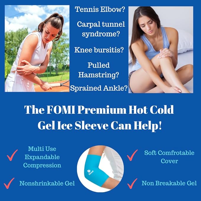 FOMI Hot Cold Gel Ice Compression Sleeve | Premium Flexible Wrap | 360 Degree Solid Gel Cooling Pack for Knee, Shin, Ankle, Foot, Arm, Elbow, Hamstring Pain Relief | Medium – 8''; 8-11'' Opening