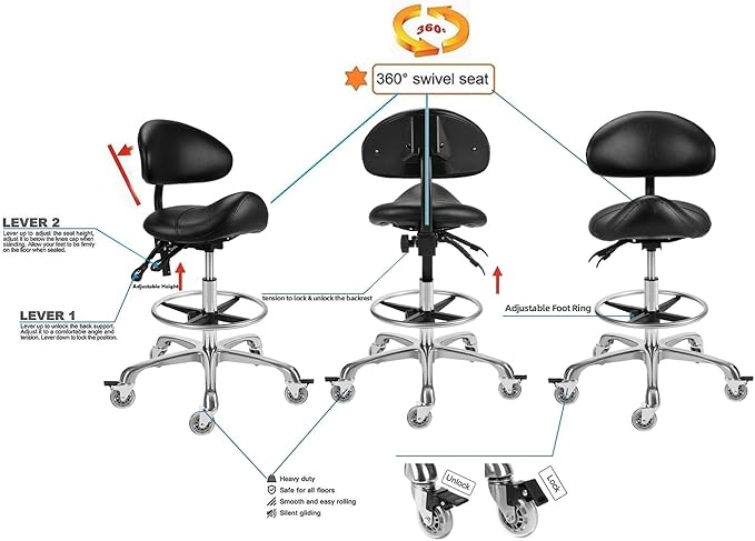 Saddle Stool Chair with Backrest and Footrest- Ergonomic Rolling Saddle Stools Hydraulic Swivel Adjustable Stool Esthetician Chair for Massage Beauty Salon Tattoo Dentist Clinic Home Office (Black)
