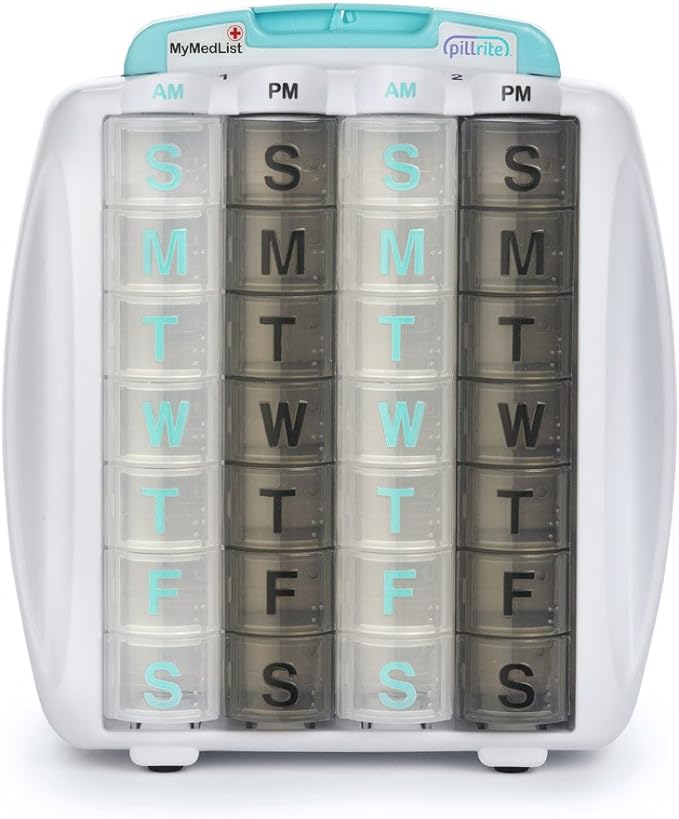 Medication and Supplement Pillbox Organizer, 3 ¾ in x 7 in - 28-Day Medicine Sorter - FSA and HSA Eligible – Monthly Medication Dispenser - Easy to Fill - 4-Week Pill Holder - Travel Friendly