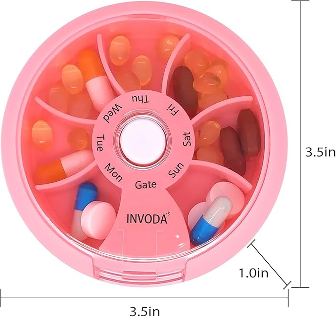 INVODA Weekly Pill Organizer with 77 Pre-Cut Medication Labels – 7 Compartment Rotating Medicine Box Daily Pill Case for Vitamins, Fish Oil & Prescriptions – BPA-Free Plastic – Compact Travel Size