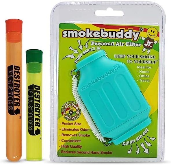 100% Authentic Smoke Buddy Bundled with Two Exclusive Destroyer Plastics Odor Proof Tubes One Large One Small (Smoke Buddy Junior, Teal)