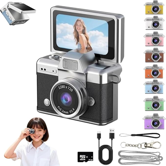 Mini Keychain Digital Camera Retro Mini Digital Video Camera Small bodycam 1080P FHD Recording with 0.96" IPS Screen with 6 Retro Filters AVI Format-Ideal for Phone Transfer (Black, 64G)