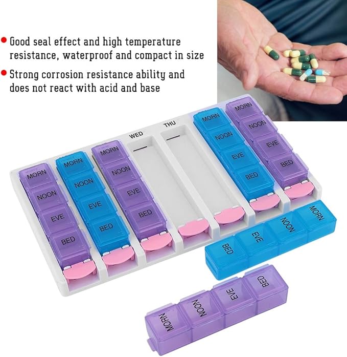 7 Days, Organiser, 7 Days 4 Times a Day 28 Compartments Organizer with Push Button (Blue)