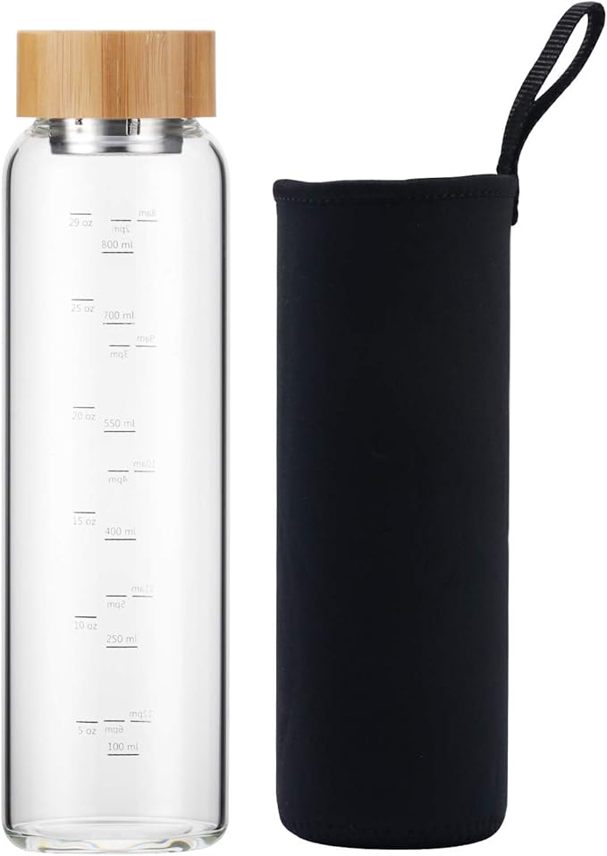 sunkey Glass Water Bottle 32 oz Wide Mouth with Sleeve Bamboo Lid Motivational Water Bottle With Time Marker Reusable Safe for Hot Cold Drinks Bpa Free (Black)