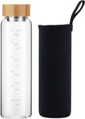 sunkey Glass Water Bottle 32 oz Wide Mouth with Sleeve Bamboo Lid Motivational Water Bottle With Time Marker Reusable Safe for Hot Cold Drinks Bpa Free (Black)