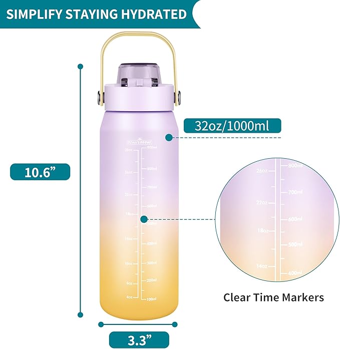 Motivational Water Bottle 32oz with Time Marker- Leakproof & BPA Free Sports Water Bottle with Straw & Carry Strap for Gym, Travel and Outdoor Sports (Purple/Yellow Gradient)