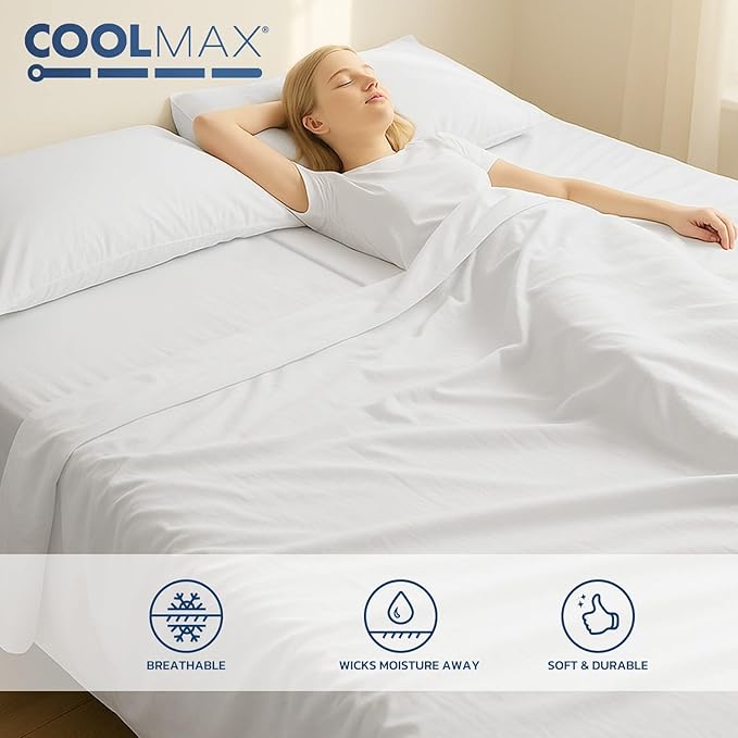 Degrees of Comfort Coolmax® Cooling Bed Sheets Split King Size for Hot Sleepers, Moisture Wicking Sheet Set for Night Sweats, 16" Deep Pocket, Ultra Soft, Cozy for All Seasons, White 5 Pieces
