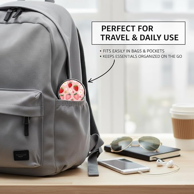 Flowers Strawberry Pill Box 3 Compartment Small Pill Case,Portable for Pocket or Purse Pill Organizer Pill Container Holder with Mirror to Hold Vitamins, Medication, Fish Oil and Supplements