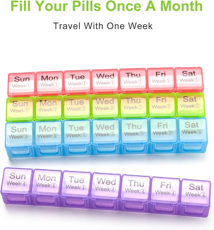 Large Monthly Pill Organizer 28 Day Case Organizerd Extra Large Compartments 4 Week Dust-Proof Pill Case Medication Reminder Portable Travel Container (Red-Green-Blue-Purple)
