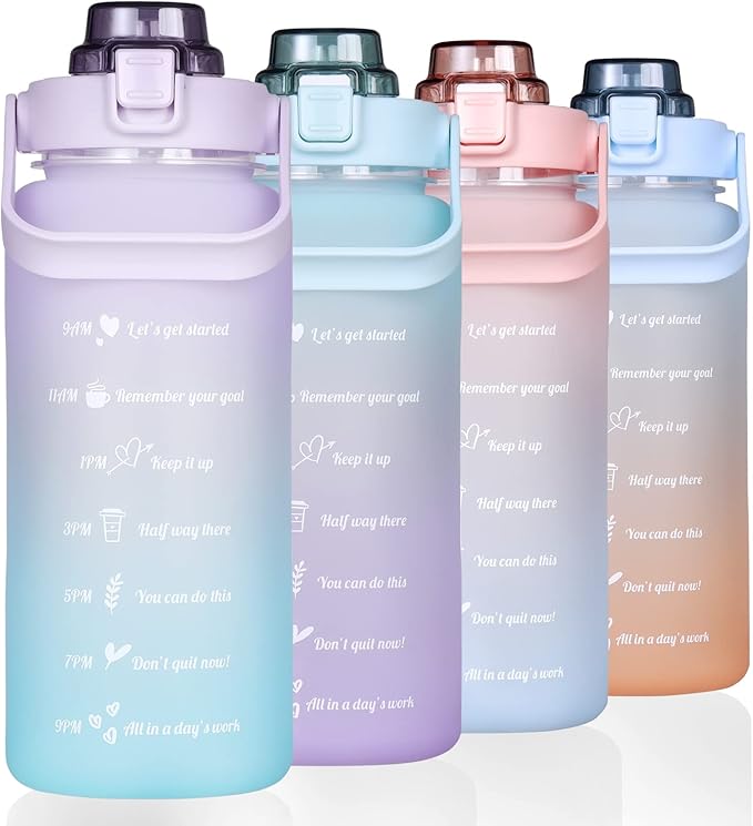 RYI Large Half Gallon 64 OZ Motivational Water Bottle with Straw Time Marker BPA Free for Sport and Fitness Purple Green