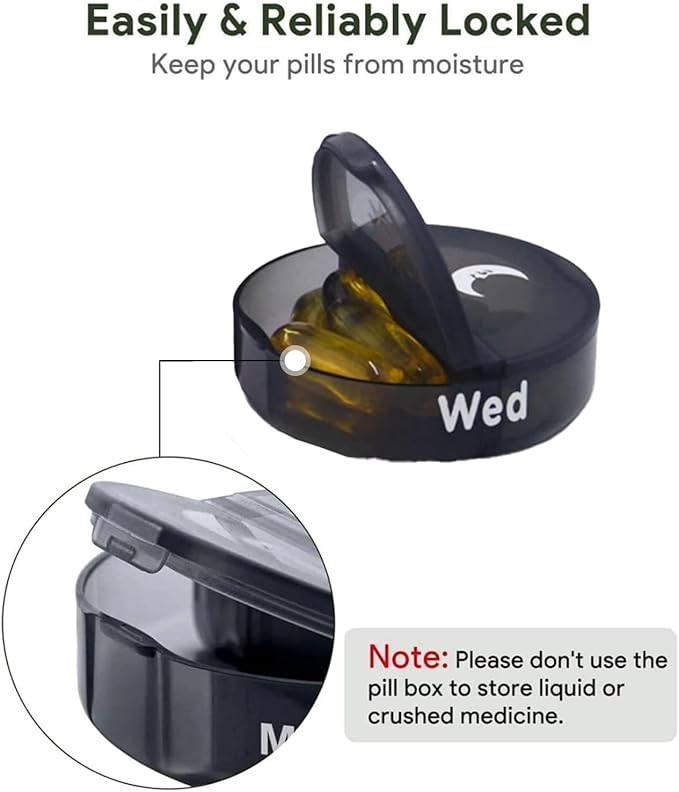 Weekly Pill Organizer 2 Times a Day，Pill Cases Organizers 7 Day，Round Mini Travelling Moisture Resistant 14 Compartment, Pill Box to Organize Pills/Vitamins/Fish Oil/Health Supplements(Black)