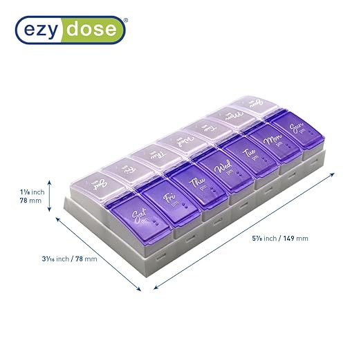 Ezy Dose Weekly (7-Day) Daily Pill Case, Medicine Planner, Vitamin Organizer, 2 Times a Day AM/PM, Small Pop-out Compartments, Arthritis Friendly, Easy to Use, Pearlescent and Lavender Lids, BPA Free