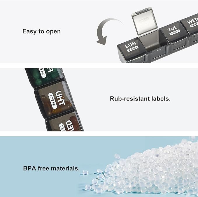 Monthly Pill Organizer, Once a Day, 4 Weeks a Month, 28 Days in a Large Pill Box, Portable for Travel, can Hold a Large Amount of Vitamins, Supplements, Fish Oil, and Medication (Black)