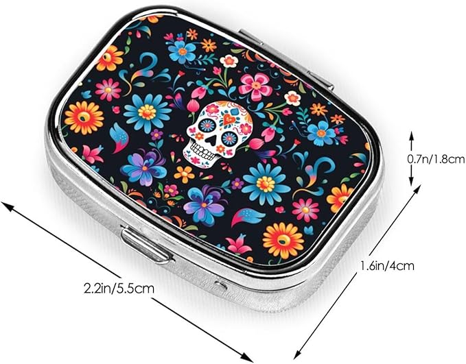 Mexican Sugar Skulls Flowers Print Square Metal Pill Box with 2 Compartment for Pocket or Purse Travel Bag Small Size 2.2 inche
