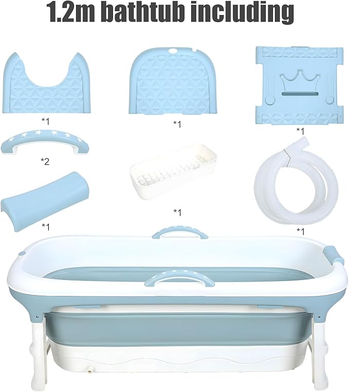 Portable Bathtub, 58/56/50/46 Inch Collapsible Bathtub, Freestanding Foldable Bathtub for Adults, Folding Tub for Shower, Hot Bath, Ice Bath Blue-B-120cm